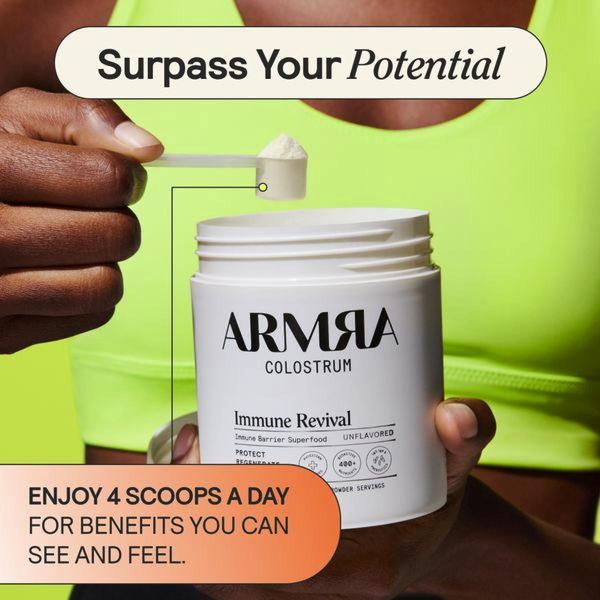 This ad creative features a clear, centered shot of a colostrum powder container being measured by a spoon, highlighting the product as an immune revival solution.